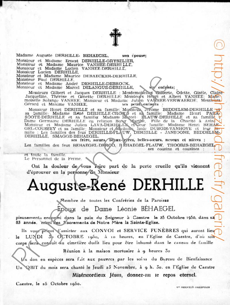 Auguste René DERHILLE époux de Dame Léonie BEHAEGEL, décédé à Caëstre, le 25 Octobre 1950 (83 ans).